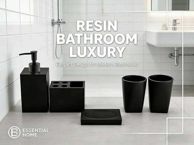 Jincrop 5-Piece Matte Black Bathroom Accessory Set - Modern Design Set with Soap Dispenser, 2 Tumbler Cups, Soap Dish & Toothbrush Holder - ModernBath