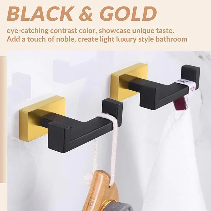 APLusee Double Bath Towel Hook 2 Pack, Solid Stainless Steel Square Dual Coat Holder, Modern Bathroom Kitchen Storage Hanger Wall Mounted, Black & Gold - ModernBath