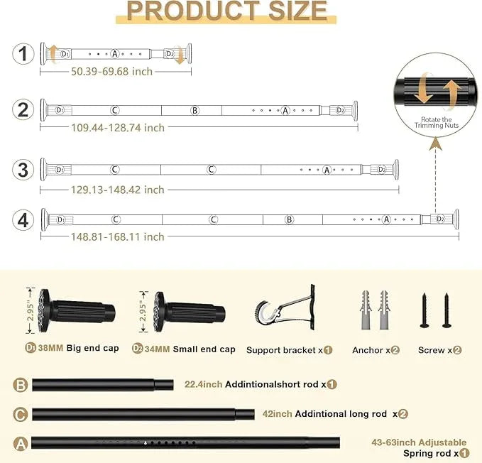 ZipGlo Tension Curtain Rod 51-168inches,Black Heavy Duty Curtain Rods No Drilling,Shower Curtain Rods Spring Tension Long Outdoor Curtain Rod for Bathroom,Patio - ModernBath