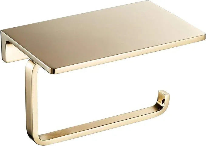 Toilet Roll Paper Holder Bathroom Solid Brass and Superior Hotel Style Wall Mount Tissue Roll Holder with Phone Shelf Bright Gold Finished - ModernBath