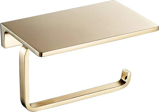 Toilet Roll Paper Holder Bathroom Solid Brass and Superior Hotel Style Wall Mount Tissue Roll Holder with Phone Shelf Bright Gold Finished - ModernBath