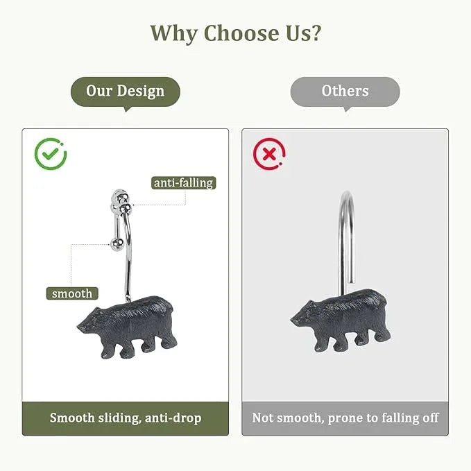 Decorative Forest Animal Shower Hooks, 12-Pack Bear Design with Smooth Gliding Rings, Rust-Proof for Bathroom Bedroom Living Room Decor - ModernBath