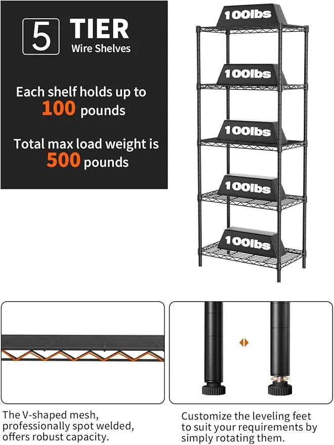 SINGAYE Shelf Wire Shelving Adjustable Storage Shelves Rack Standing Units for Kitchen Closet Laundry Bathroom Organizers Metal Pantry Narrow Mesh Gaps 12" D x 22" W x 59" H Black - ModernBath