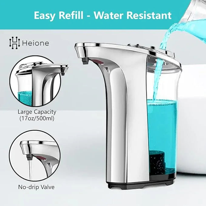 Heione Automatic Soap Dispenser Touchless - Battery Operated Sensor Liquid Soap Pump for Kitchen Sink & Bathroom - Silver Glossy Color, 5 Adjustable Levels, IPX4 Waterproof, 17oz / 500ml - ModernBath
