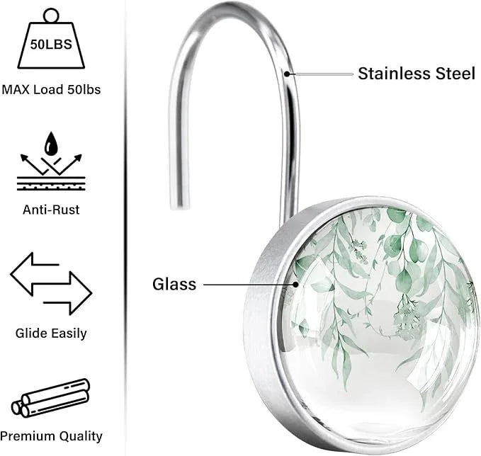 12 Pcs Mint Green Eucalyptus Decorative Shower Curtain Hooks - Rustic Stainless Steel Round Resin Shower Rings Hangers for Bathroom Rods Decor - ModernBath