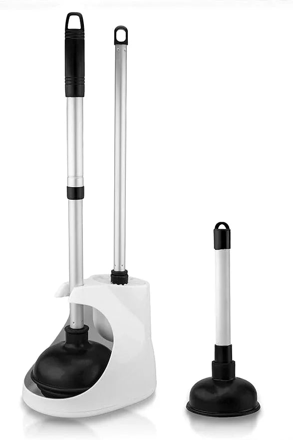 NEIKO 60168A Toilet Plunger Set, 4 Piece, Bonus Mini Sink & Drain Plunger, Toilet Bowl Brush & Caddy, Patented All-Angle Design, Telescopic Aluminum Handle, Bathroom Toilet Brush and Plunger Set - ModernBath