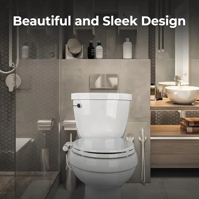 Rear & Feminine Right Handed Ultra Thin Bidet Attachment for Toilet with Self Cleaning Dual Nozzles - No Wiring Needed - Easy DIY Install - Includes Hybrid Brass 3-way T with ON/OFF & Travel Bidet - ModernBath