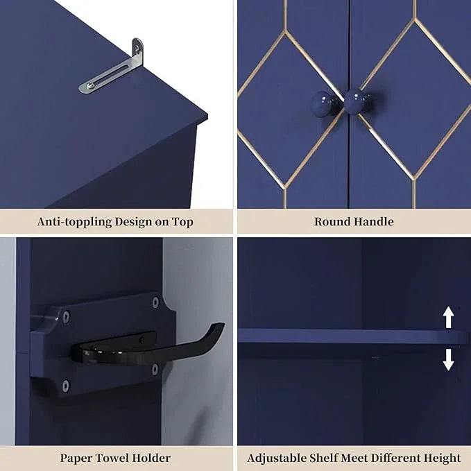 HLR Over The Toilet Storage Cabinet with Gold Trim, Over Toilet Bathroom Organizer with Adjustable Shelves and Toilet Paper Holder, Above Toilet Storage Cabinet Spacesaver for Bathroom (Blue) - ModernBath