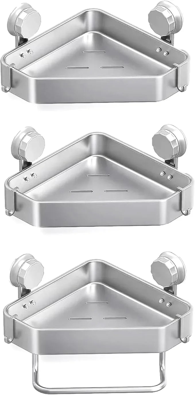 Gray Corner Shower Shelf With 4 Hooks and 1 Cross Bar - 3 PCS Carbon Steel Shelves for Toilet, Shampoo Holder, Kitchen and Locker - ModernBath