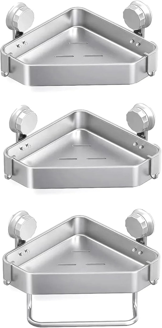 Gray Corner Shower Shelf With 4 Hooks and 1 Cross Bar - 3 PCS Carbon Steel Shelves for Toilet, Shampoo Holder, Kitchen and Locker - ModernBath
