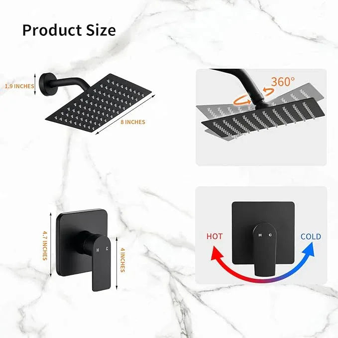 Black Shower Faucet Single Function Trim Kit with Rough-in Valve Set Bath Rainfall Shower System 8inch Square Stainless Steel Metal Shower Head - ModernBath