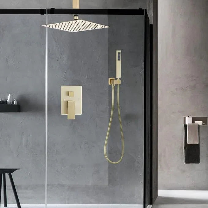 JingGang 10 Inch Ceiling Mounted Shower System Rain Mixer Shower Combo Set Rainfall Shower Head System ‎Brushed Gold Shower Faucet Rough-in Valve Body and Trim Kit Included - ModernBath