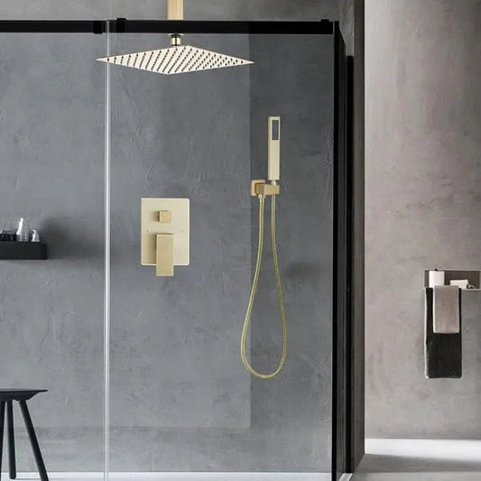 JingGang 12 Inch Ceiling Mount ‎Brushed Gold Shower System Bathroom Luxury Rain Mixer Shower Combo Set Ceiling Rainfall Shower Head System (Contain Shower Faucet Rough-in Valve Body and Trim Kit) - ModernBath