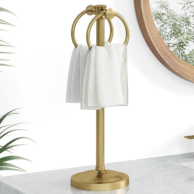 Hoimpro 17" Brushed Gold Free Standing Towel Rack Bracket, Double Towel Ring Hand Towel Stand Holder, Bathroom Hardware Accessories Set Towel Bar for Bathroom Vanities and Kitchen Countertops - ModernBath