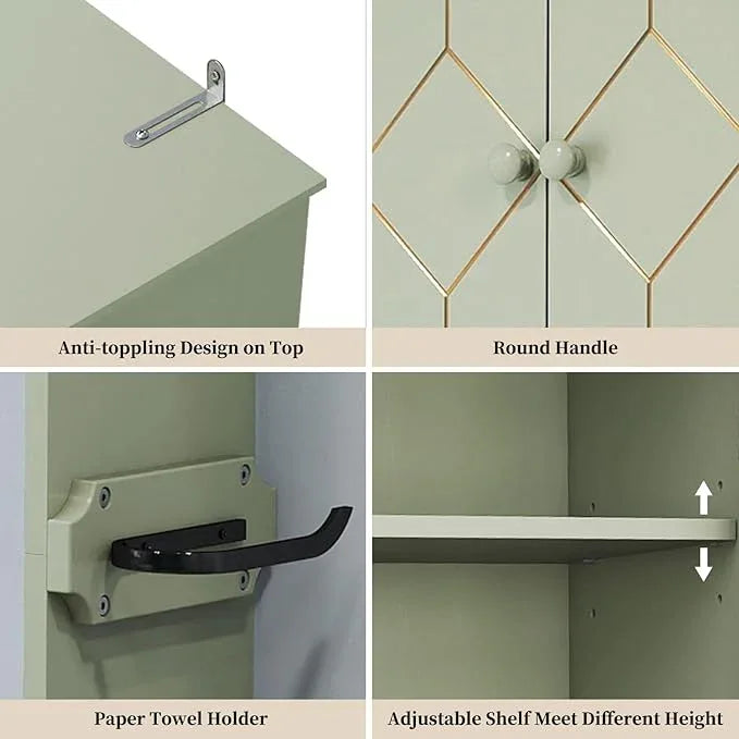 HLR Over The Toilet Storage Cabinet with Gold Trim, Over Toilet Bathroom Organizer with Adjustable Shelves and Toilet Paper Holder, Above Toilet Storage Cabinet Spacesaver for Bathroom (Green) - ModernBath
