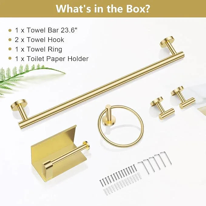 TQKAG 5 Piece Bathroom Towel Bar Holder Sets Brushed Gold Bathroom Hardware Set Stainless Steel Toilet Paper Holder with Shelf Bathroom Accessories Kit Wall Mounted - ModernBath