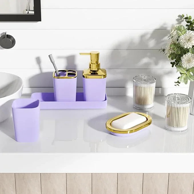 XLHOMO Purple Bathroom Accessories Set, Purple and Gold Bathroom Accessories with Trash Can, Soap Dispenser, Soap Dish, Toothbrush Holder and Q-tip Holders - ModernBath