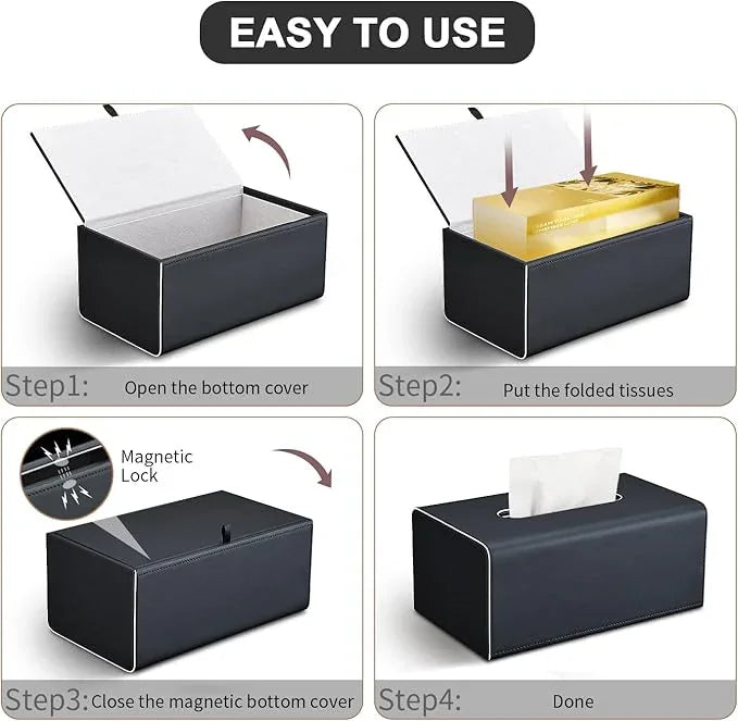 KINGFOM Tissue Box Cover, PU Leather Rectangular Tissue Box Holder with Magnetic Bottom Cover for Facial Tissues/Napkins, Office & Living Room Decor Box (Black) - ModernBath