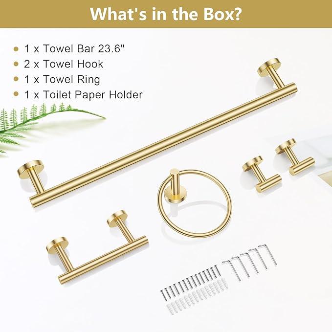 TQKAG Brushed Gold 5 Piece Bathroom Hardware Accessories Set 23.6" SUS304 Stainless Steel Bathroom Towel Bar Holder Sets Double Post Pivoting Toilet Paper Holder Set Wall Mounted - ModernBath