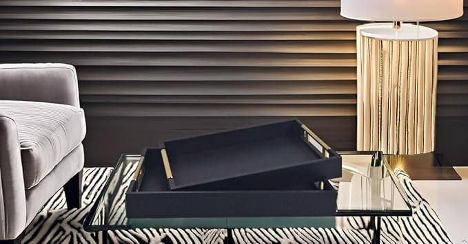 Set of 2 Wood Serving Tray with Gold Polished Metal Handles, Home Decorative Wooden Rectangle Ottoman Leather Decor Platter Bathroom Vanity Tray for All Occasions (Black) - ModernBath