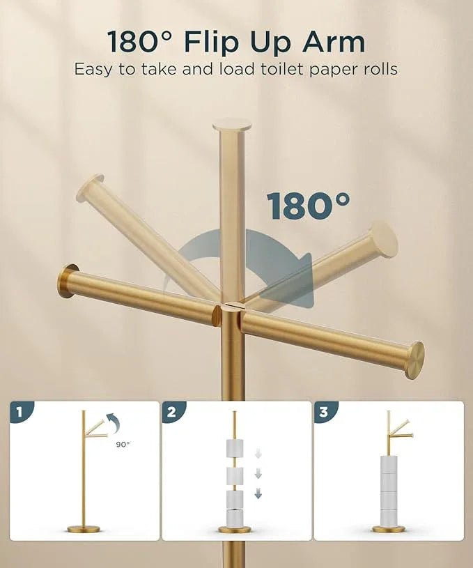 FORIOUS Toilet Paper Holder Stand, Modern Freestanding Tissue Roll Holder for Bathroom, Durable SUS 304 Stainless Steel and Weighted Base Toilet Paper Stand, Storage for 4 Rolls, Brushed Gold - ModernBath