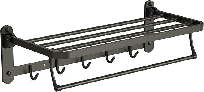 Bathroom Towel Rack with Storage Shelf and 5 Hooks, 23.6 in Foldable Towel Shelf Bar, Wall Mounted Lavatory Organizer，Matte Black - ModernBath