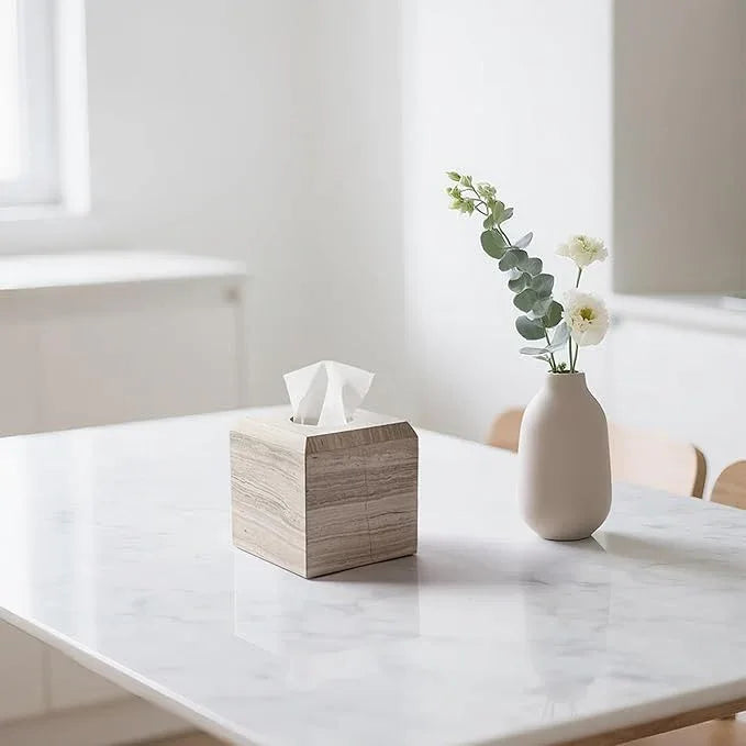 WORHE Tissue Box Cover Italy Natural Marble Heavy Duty Square Facial Toilet Paper Holder for Bathroom Living Room Bedroom Dresser Kitchen Minimalistic Office Home Decor Grey (WH078) - ModernBath