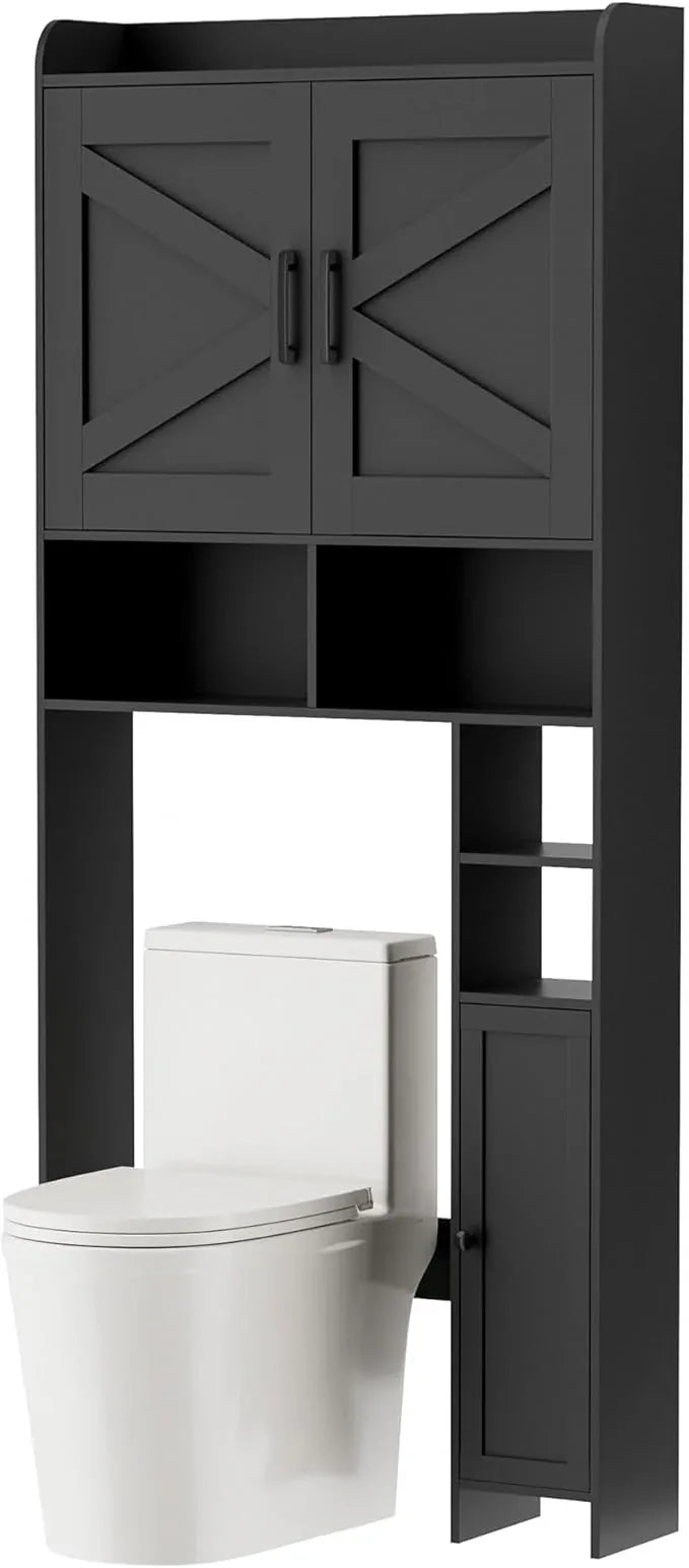Homhedy Over The Toilet Storage Cabinet with 2 Barn Door and Toilet Paper Holder Stand, FreeStanding Toilet Shelf Space Saver, for Bathroom, Restroom, Laundry, Black - ModernBath