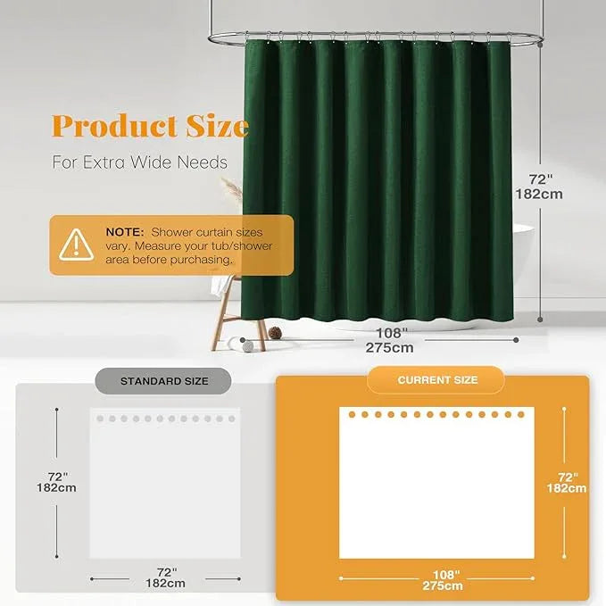 BTTN Extra Wide Shower Curtain - 108x72 Inch Linen Textured Waterproof Fabric Shower Curtain Set with 18 Plastic Hook, Large Modern Farmhouse Cloth Bathtub Shower Curtains for Bathroom - Emerald Green - ModernBath