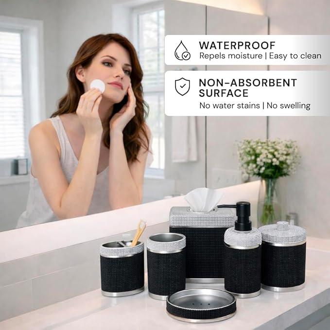 Decozen Bathroom Accessories Set 6Pcs – Soap Dispenser, Toothbrush Holder, Tumbler, Soap Dish & Cotton Swab Jar – Modern Bathroom Decor, Bath Set for Christmas Decor, Seiler - ModernBath