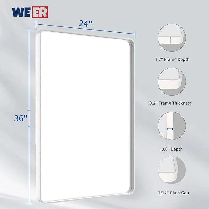 WEER White Bathroom Mirror 24X36 Inch, Rounded Rectangle White Metal Frame Mirror, Matte White Bathroom Vanity Mirror with Tempered Glass, Anti-Rust, Hangs Horizontally or Vertically - ModernBath