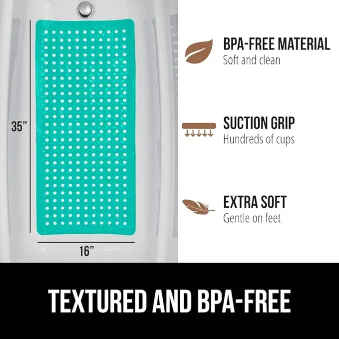 GORILLA GRIP Patented Bath Tub Shower Mat, Machine Washable Bathtub Floor Liner Mats, Suction Cups and Drain Holes to Keep Tubs Clean, Soft on Feet, Bathroom Essentials, 35x16 Inch, Turquoise Opaque - ModernBath