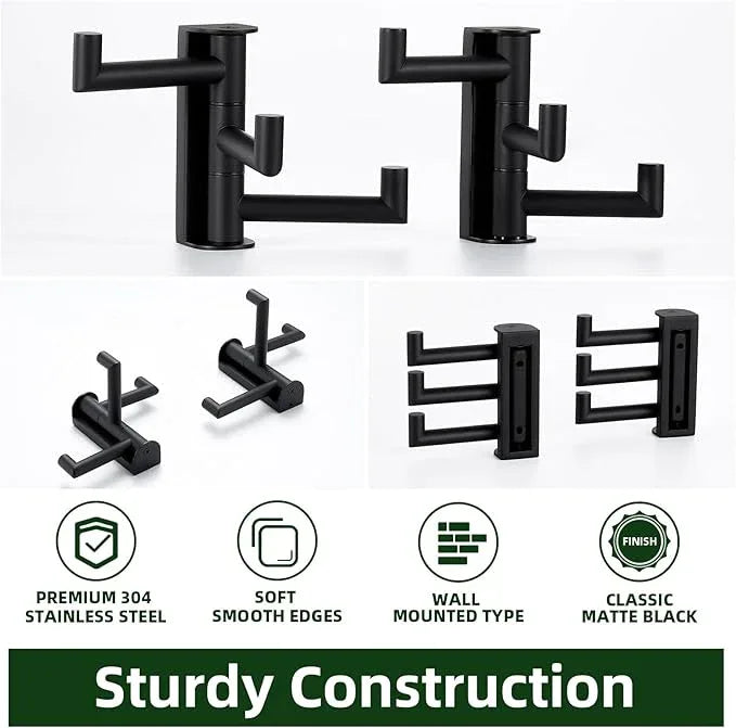 APLusee Matte Black Swivel Towel Hooks for Bathroom 2 Pack, 304 Stainless Steel Foldable Coat Hooks with Multi 3 Arms, Heavy Duty Robe Towel Holders Wall Mounted - ModernBath