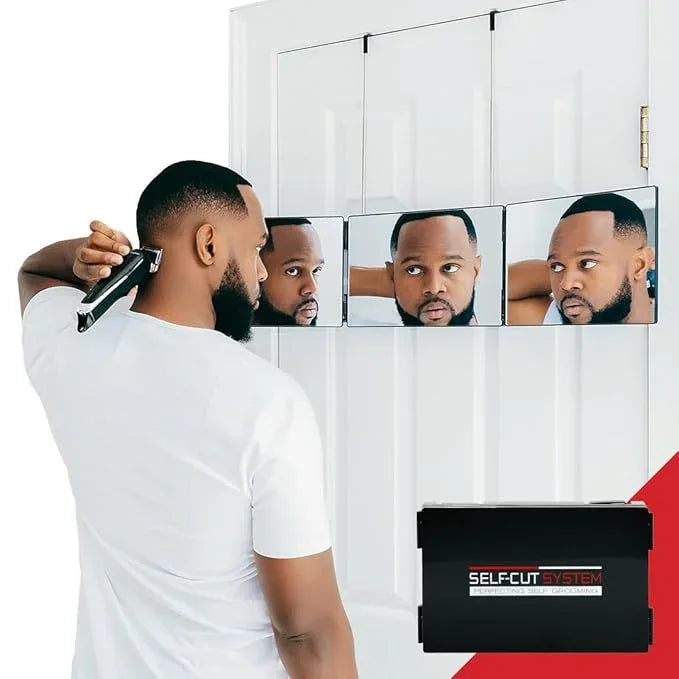 Self-Cut System 3 Way Barber Mirror with Height Adjustable Hooks, 360 Trifold Self Cut Mirror for Haircuts for Men and Women, Travel-Friendly, Three-Way Design for Easy Grooming & Styling - ModernBath