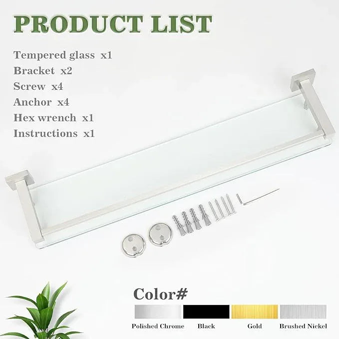 Alise Bathroom Shelf Wall Mounted, Brushed Nickel Large Capacity Glass Shelf for Bathroom, 24 inch - ModernBath