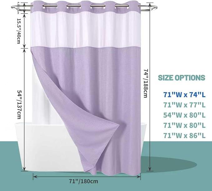 eachope Lavender No Hook Waffle Weave Shower Curtain with snap-in Liner Replacement, 230GSM Waterproof Fabric Hotel Shower Curtain Set for Bathroom, Through Mesh Top Window,71Wx74H - ModernBath