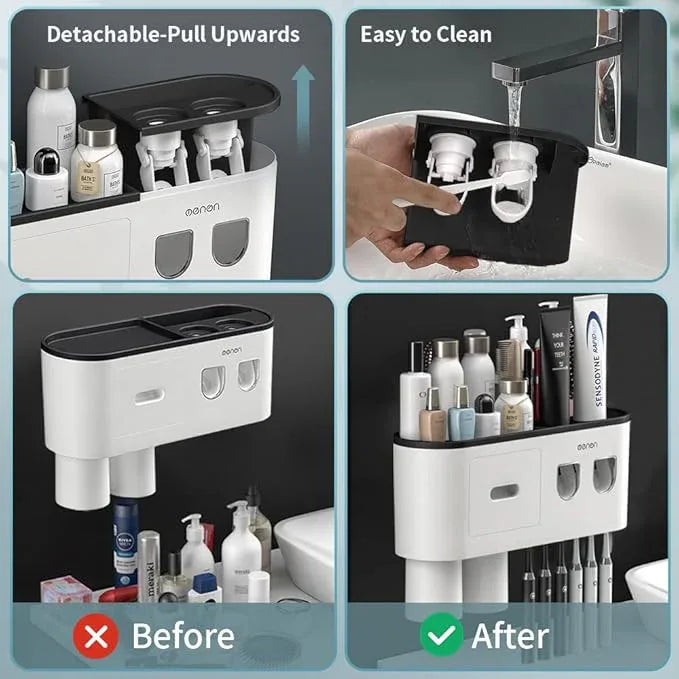 BHeadCat Toothbrush Holders Wall Mounted, Toothbrush Holder with Automatic Toothpaste Dispensers, 6 Brush Slots, 2 Magnetic Cups,1 Cosmetic Drawer Organizer and 1 Large Storage Tray - ModernBath