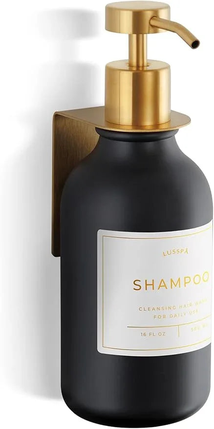 Shampoo & Conditioner Dispenser - Shower Soap Dispenser Wall Mounted - 16.9 Oz Plastic Bottle with Pump & Holder - Shampoo Dispenser - Shower Dispenser Chamber No Drill (1 X Black/Gold) - ModernBath