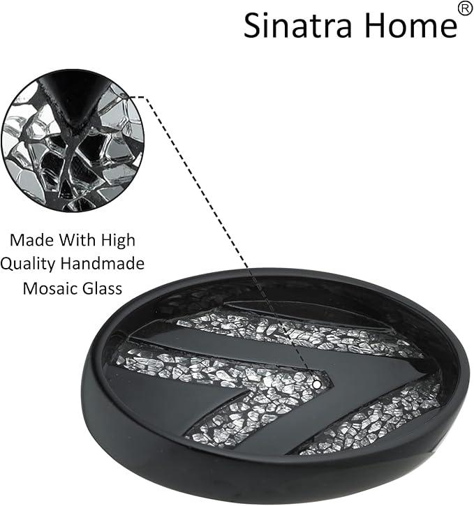 Zahari Home 4pc Sinatra Stylish Bathroom Accessories Set Black Soap Dispenser/Lotion Pump, Tumbler, Tooth Brush Holder and Soap Dish Modern Luxury Decor Bling Mosaic Glass Black Bathroom Accessories - ModernBath
