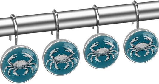 Nautical Abstract Crab Shower Curtain Hooks 12Pcs, Decorative Rust Resistant Shower Rings for Shower Curtain Rods, Stainless Steel Round Curtain Hooks for Bathroom, Bedroom, Farmhouse - ModernBath