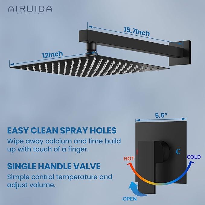 Airuida Shower Faucet Set Bathroom Rain Shower System SUS304 Stainless Steel Single Handle With Male Threads Rough-in Valve Shower Trim Kit 12 Inch Wall Mount Shower Head Matte Black - ModernBath