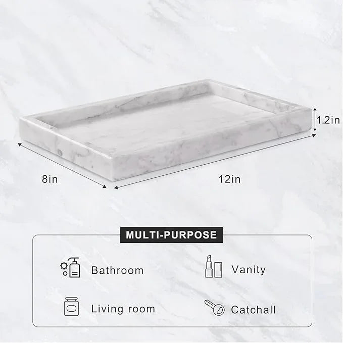 Homaura Marble Bathroom Tray for Countertop & Home Decor, Natural Decorative Marble Tray for Jewelry & Perfume Organizer, Luxury Stone Vanity Trays for Dresser, Kitchen Counter, 12" x 8", White - ModernBath