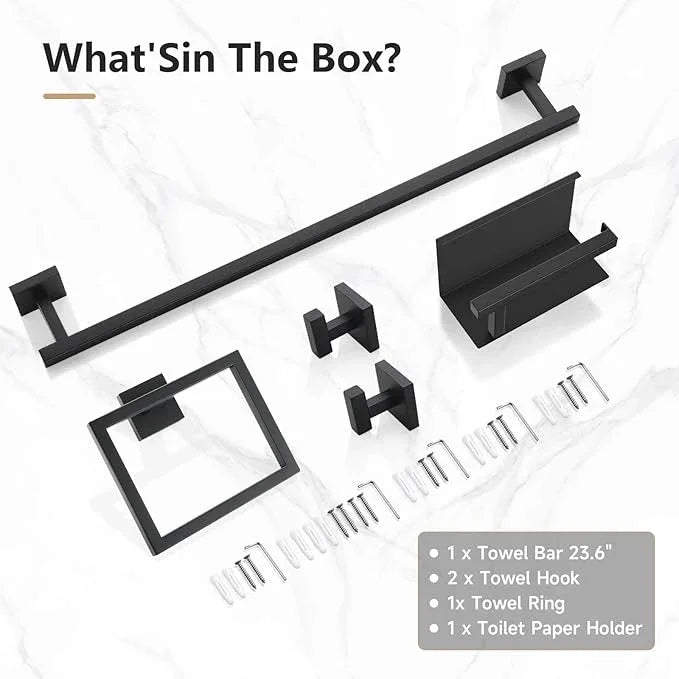 TQKAG 5-Pieces Matte Black Bathroom Hardware Accessories Set 23.6" SUS304 Stainless Steel Towel Bar Set Wall Mounted Square Toilet Paper Holder with Shelf - ModernBath
