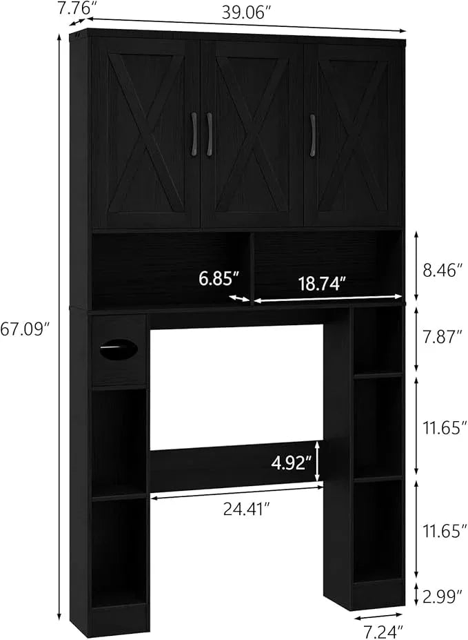 Over The Toilet Storage Cabinet, Farmhouse Toilet Cabinet Rack with 3 Barn Doors, Space Saving Bathroom Organizer with Shelves, Toilet Paper Holder and Towel Rack for Bathroom,Restroom,Laundry, Black. - ModernBath