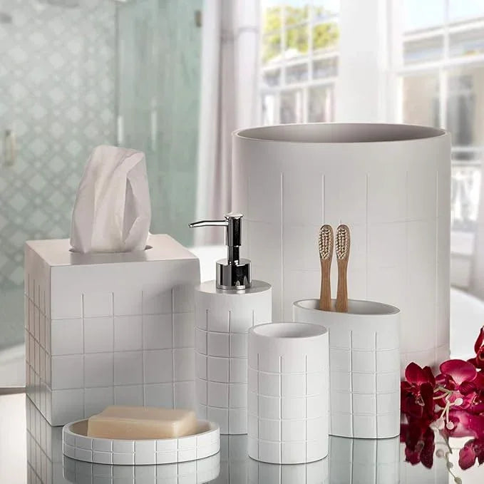 Creative Scents Polar White Bathroom Accessories Set with Trash Can - 6 Piece Bathroom Set Features: Waste Basket, Tissue Cover, Soap Dispenser, Toothbrush Holder, Tumbler and Soap Dish - ModernBath