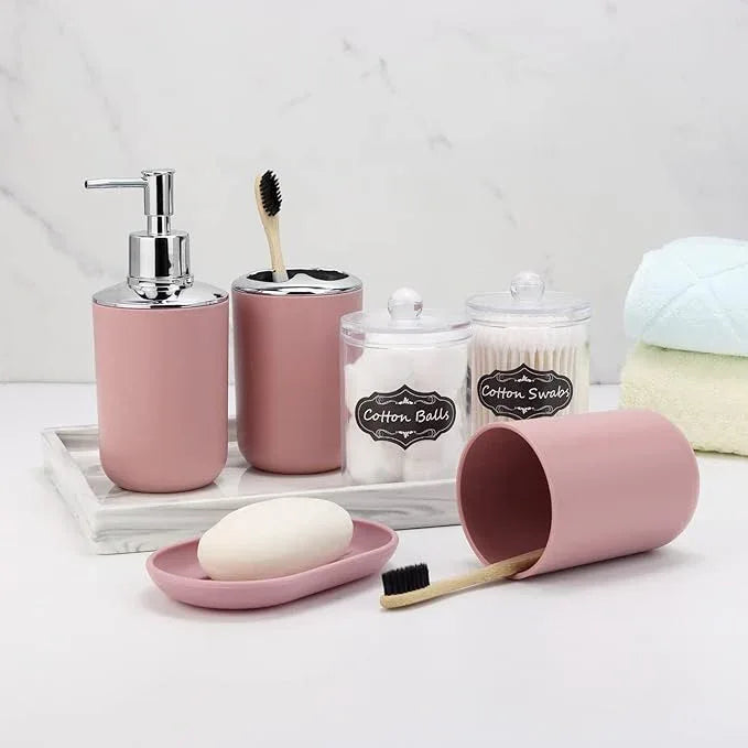 7 Piece Pink Bathroom Set,Soap Dispenser,Toilet Brush,Trash Can & Décor Tray,Complete Accessories for Bathroom Organization & Housewarming Gifts - ModernBath