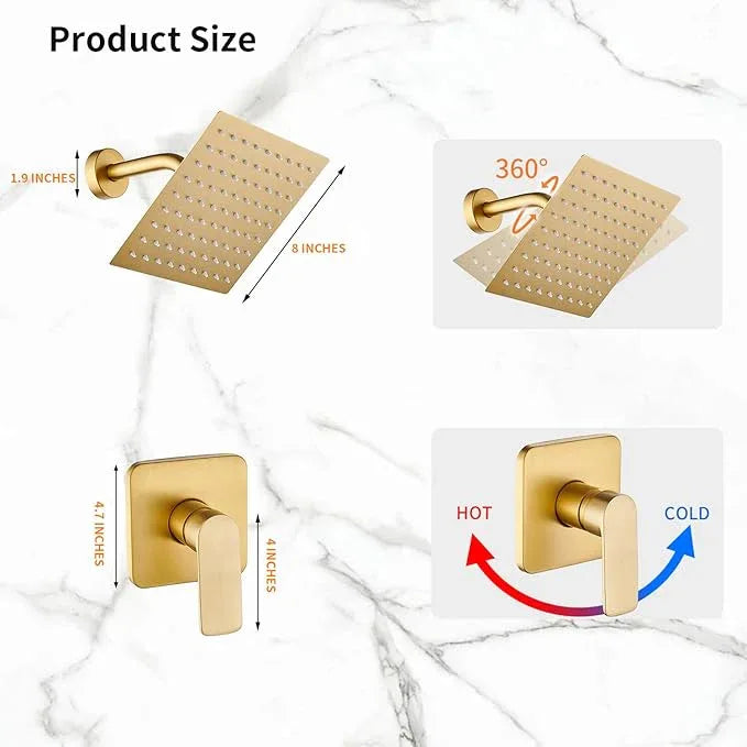 Brushed Gold Shower Faucet Single Function Trim Kit with Rough-in Valve Set Bath Rainfall Shower System 8inch Square Stainless Steel Metal Shower Head - ModernBath