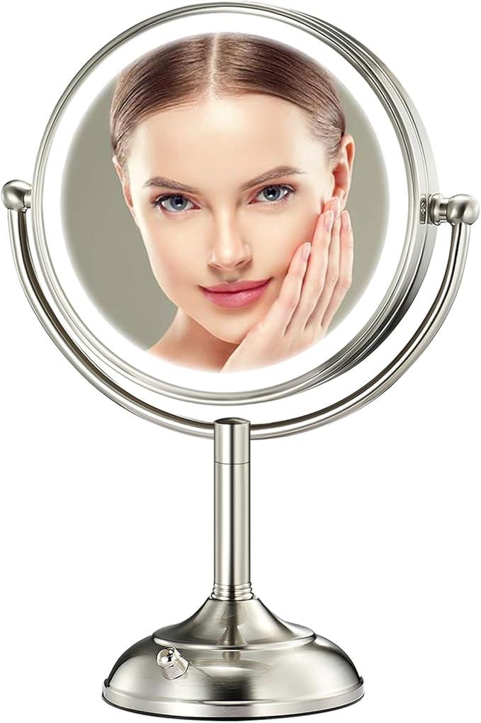Professional 8.5" Large Lighted Makeup Mirror with Brighter Lights, 1X/10X True HD Magnifying Mirror with 3 Color Dimmable Lights, 90 Shadowless LEDs, 360°Swivel Seamless Vanity Mirror, Pearl Nickel - ModernBath
