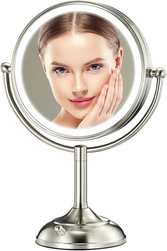 Professional 8.5" Large Lighted Makeup Mirror with Brighter Lights, 1X/10X True HD Magnifying Mirror with 3 Color Dimmable Lights, 90 Shadowless LEDs, 360°Swivel Seamless Vanity Mirror, Pearl Nickel - ModernBath
