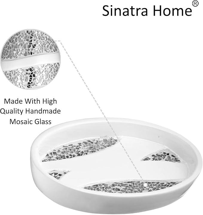 Zahari Home 4pc Sinatra Stylish Bathroom Accessories Set White Soap Dispenser, Tumbler, Tooth Brush Holder and Soap Dish Modern Classic Luxury Decor Bling Mosaic Glass White Bathroom Accessories - ModernBath